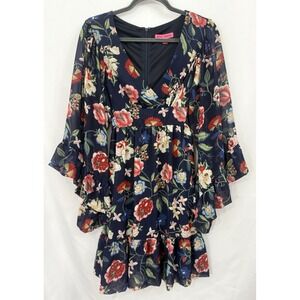 Betsey Johnson Navy Floral Bell Sleeve Ruffle Mini Dress Women's Size 6 Chiffon